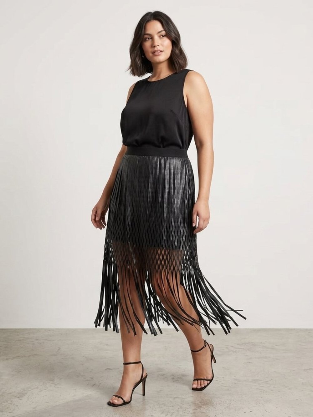 Trouve Faux Leather Cutout Fringe Midi Skirt Black Large